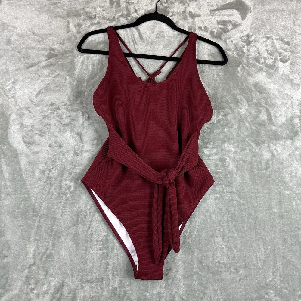 Cupshe One-Piece Swimsuit Women's L Wine Red Tie Front Waist Cross Back Ribbed